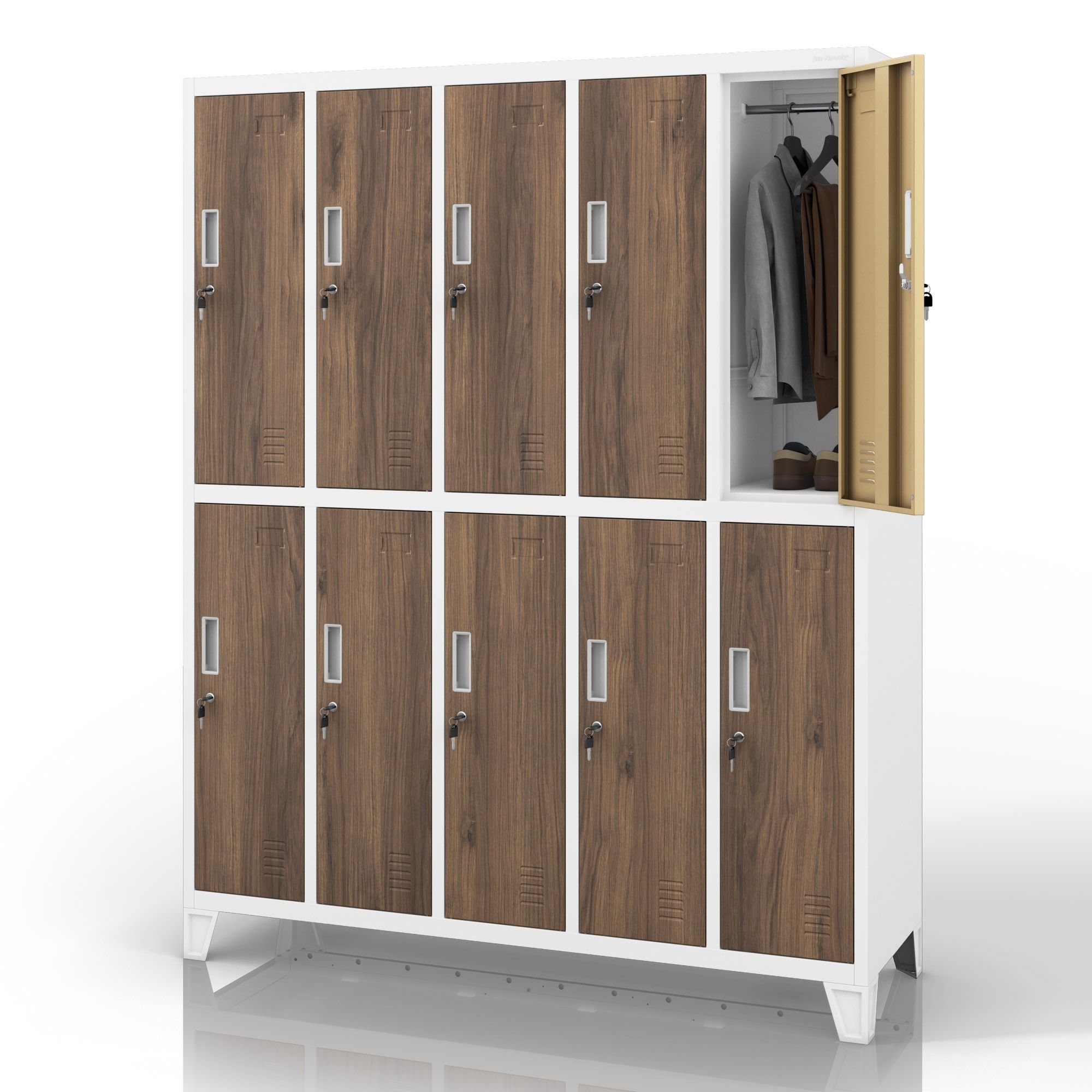 Szafa socjalna ubraniowa 10-drzwiowa biała/orzech, 1360x1720x450 mm: BARTEK Eco Design