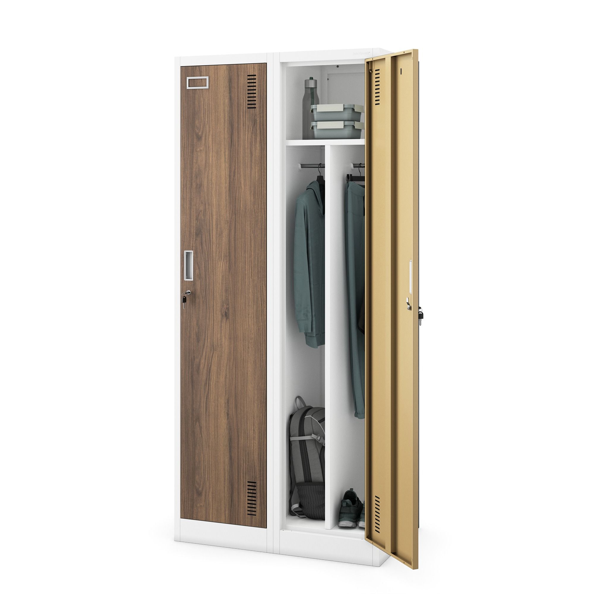 Szafka ubraniowa pracownicza czterokomorowa biała/orzech, 800x1800x500 mm: KACPER Eco Design