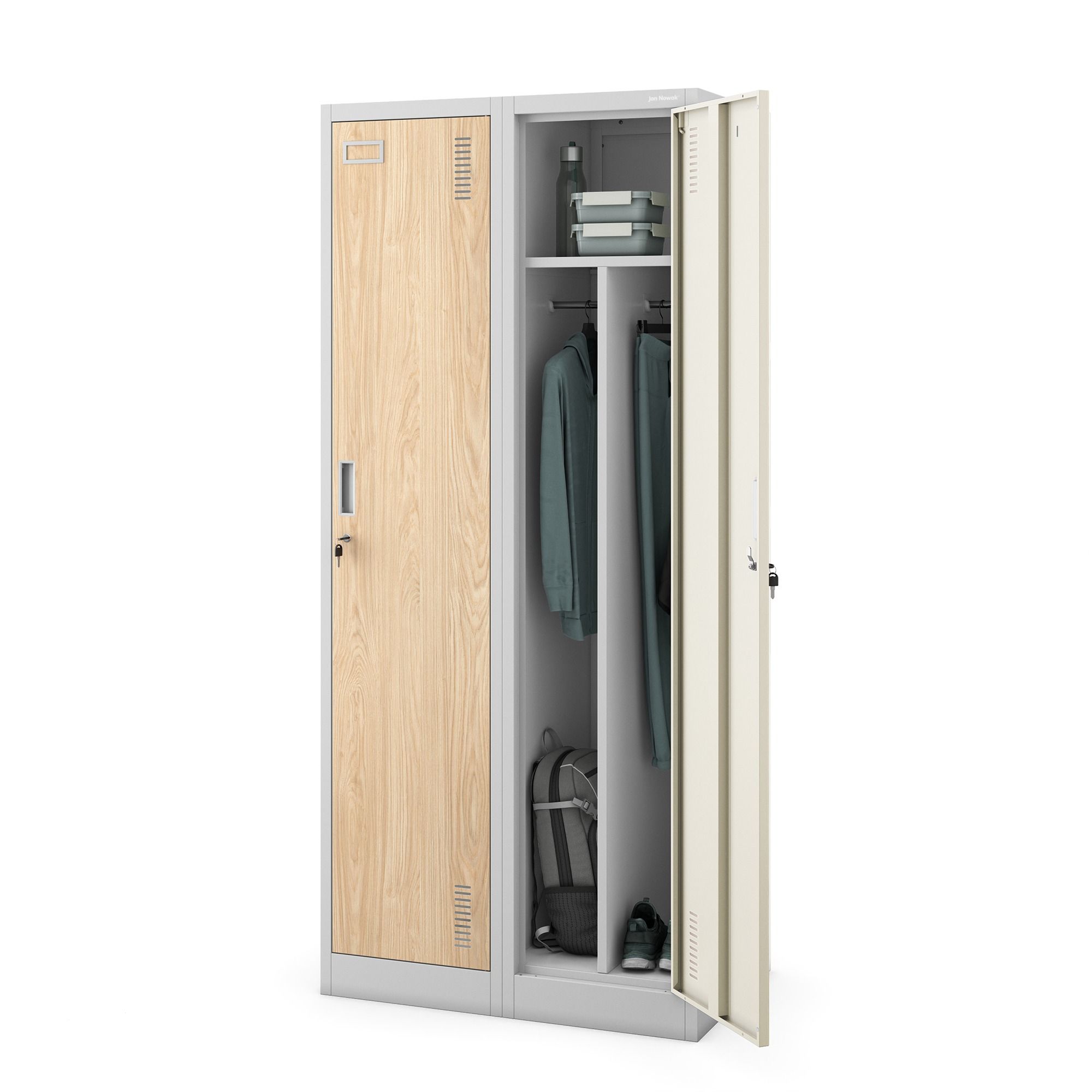 Szafka ubraniowa pracownicza czterokomorowa szara/dąb sonoma, 800x1800x500 mm: KACPER Eco Design