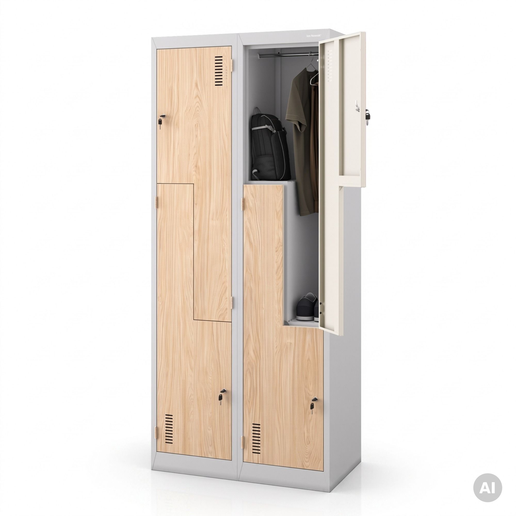 Szafa socjalna ubraniowa typu L, czterokomorowa, szara/dąb sonoma, 800x1850x450 mm: JULIA Eco Design