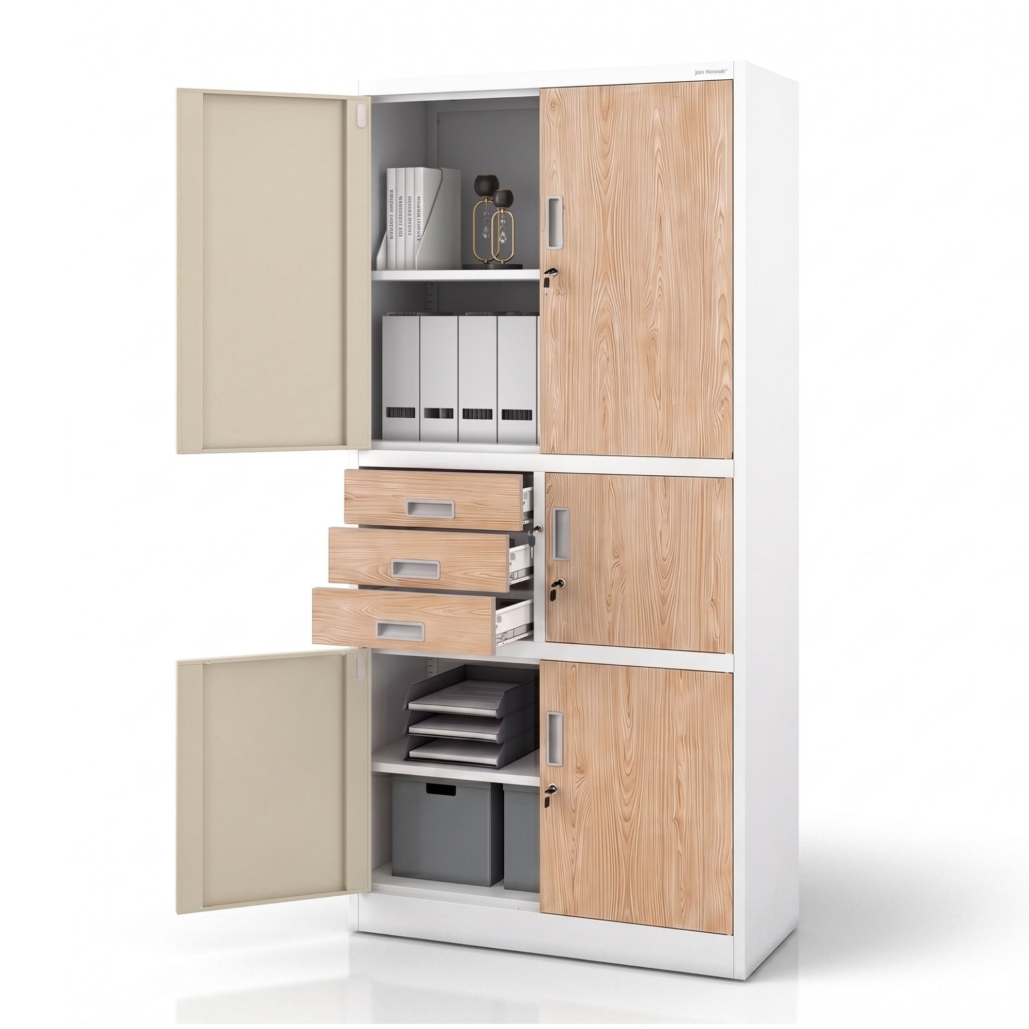 Szafa biurowa metalowa z sejfem biała/dąb sonoma, 900x1850x400 mm: FILIP II Eco Design