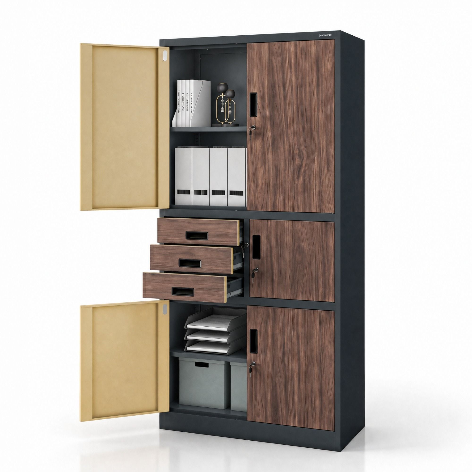 Szafa biurowa metalowa z sejfem antracytowa/orzech, 900x1850x400 mm: FILIP II Eco Design