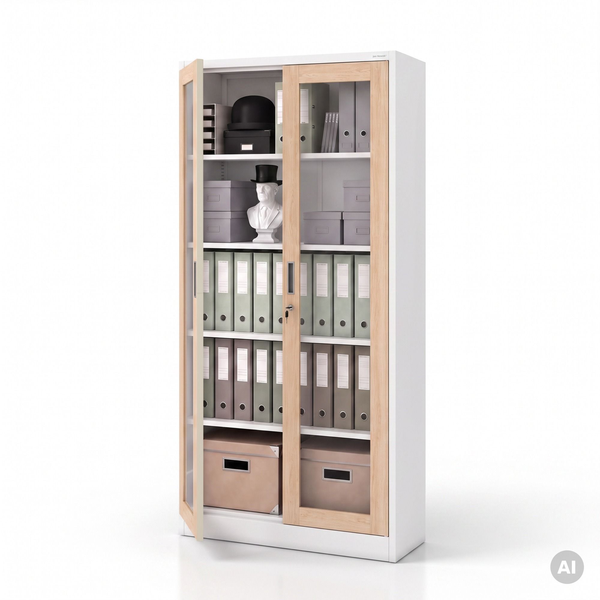 Witryna przeszklona metalowa wysoka z zamkiem biała/dąb sonoma, 900x1850x400 mm: AMELIA Eco Design