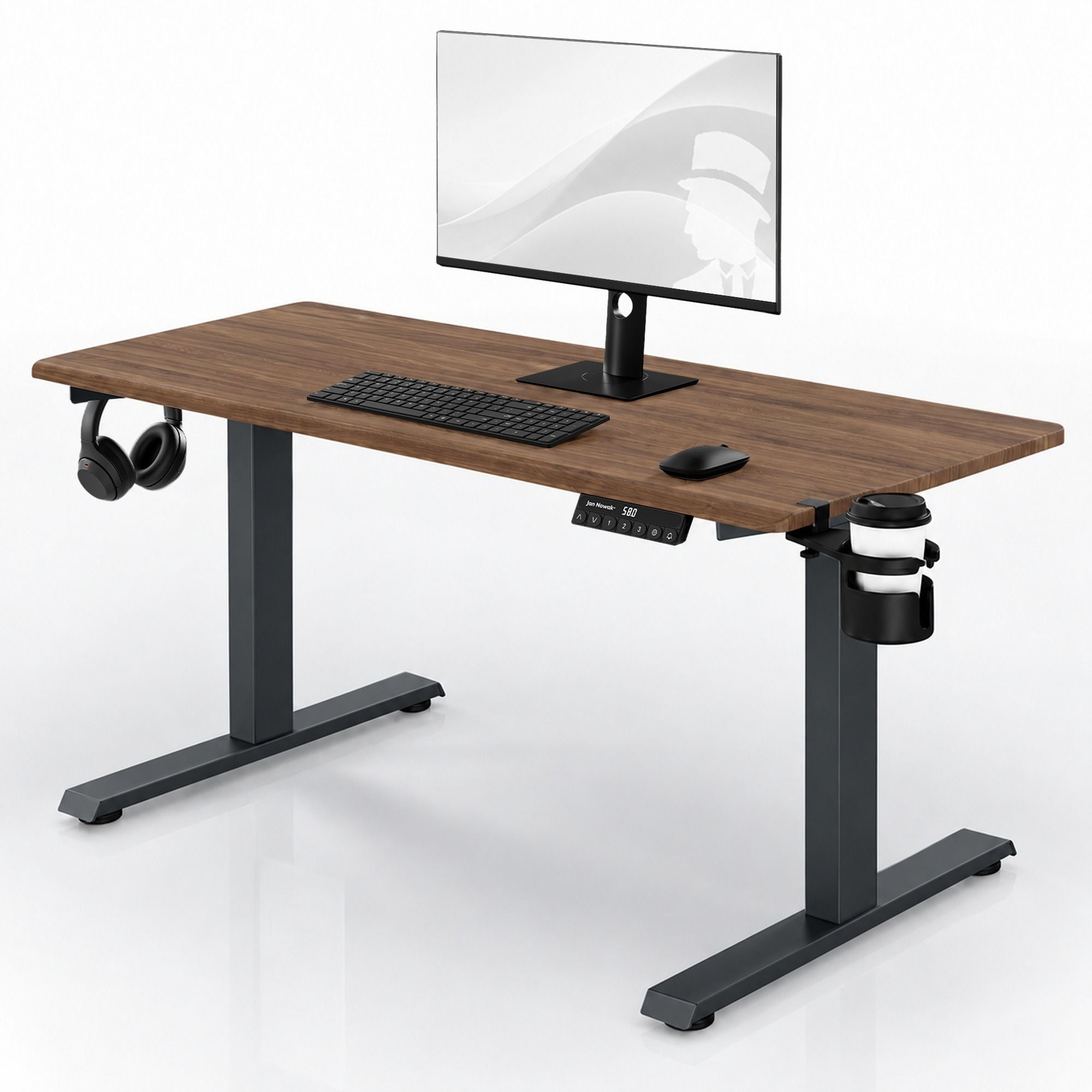 Biurko elektryczne z regulacją wysokości ergonomiczne antracytowe/orzech: 140x70 cm: ARIA