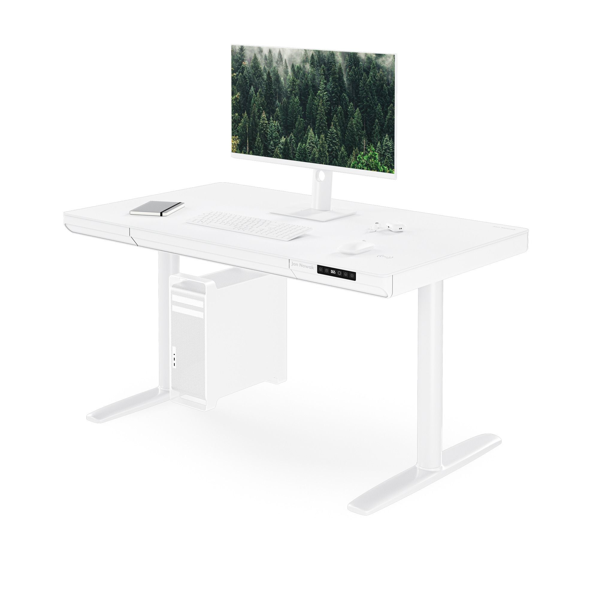 Biurko elektryczne sit-stand z szufladą i ładowarką bezprzewodową Qi białe, 1200 mm: ELLIS