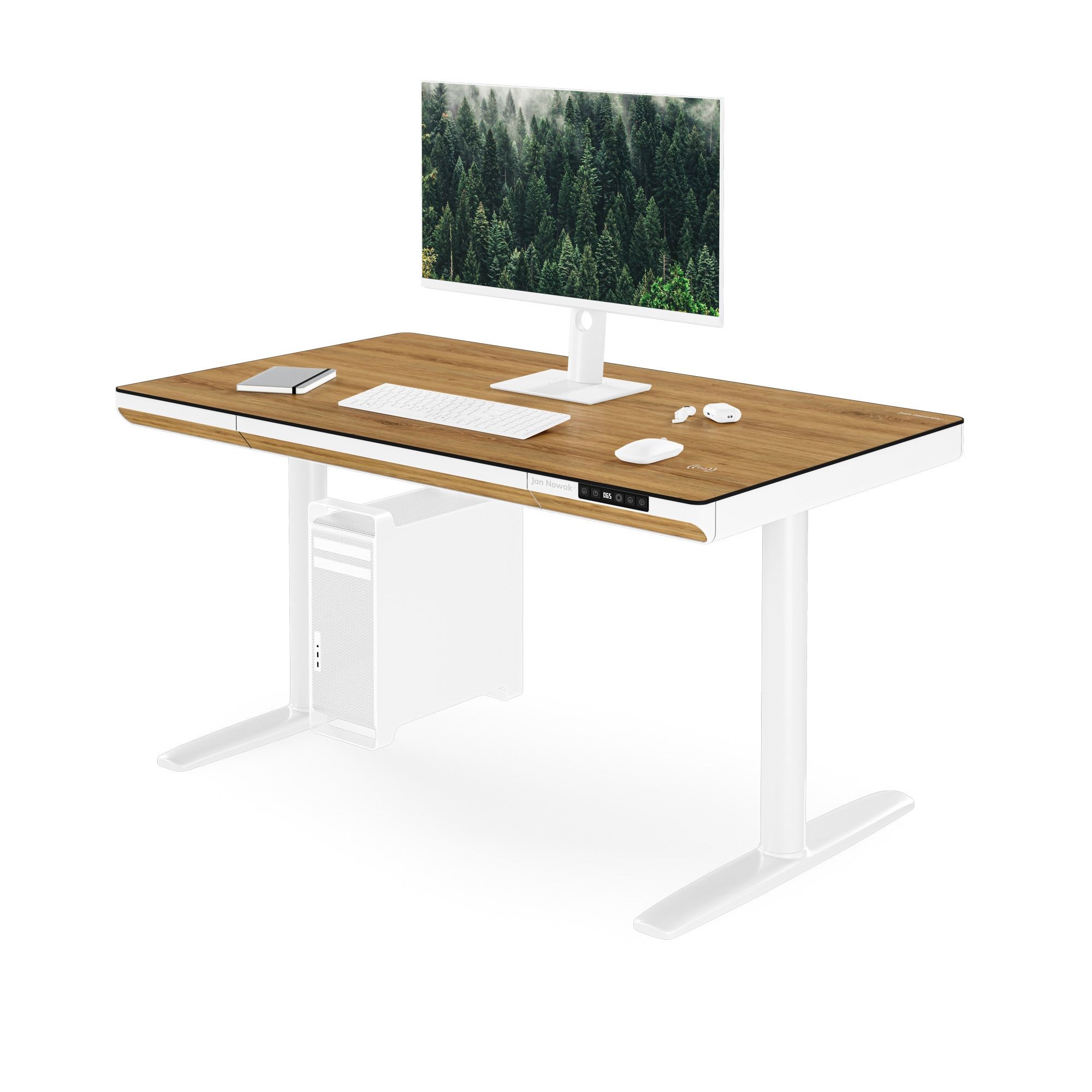 Biurko elektryczne sit-stand z szufladą i ładowarką bezprzewodową Qi białe/złoty dąb, 1200 mm: ELLIS
