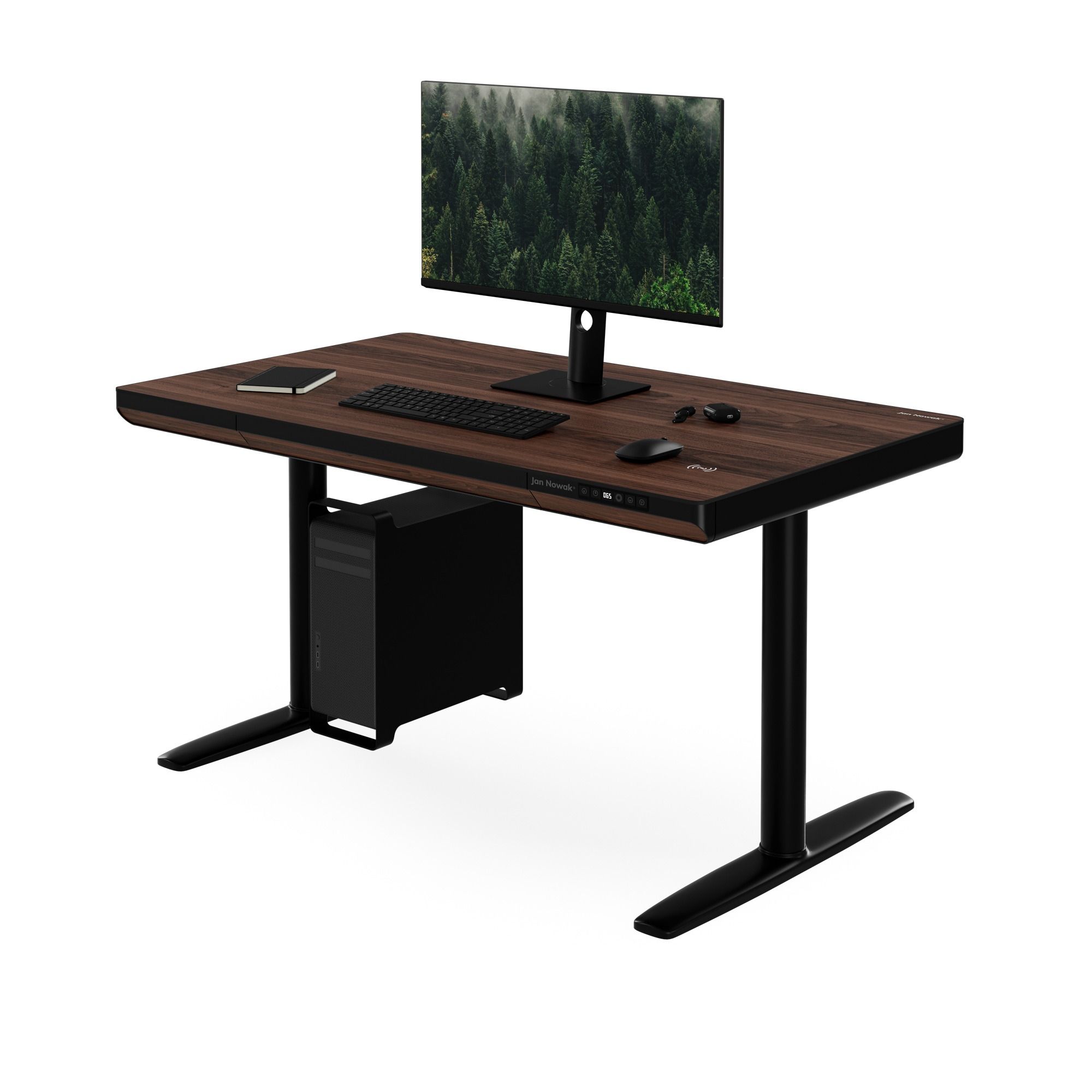 Biurko elektryczne sit-stand z szufladą i ładowarką bezprzewodową Qi czarne/orzech, 1200 mm: ELLIS