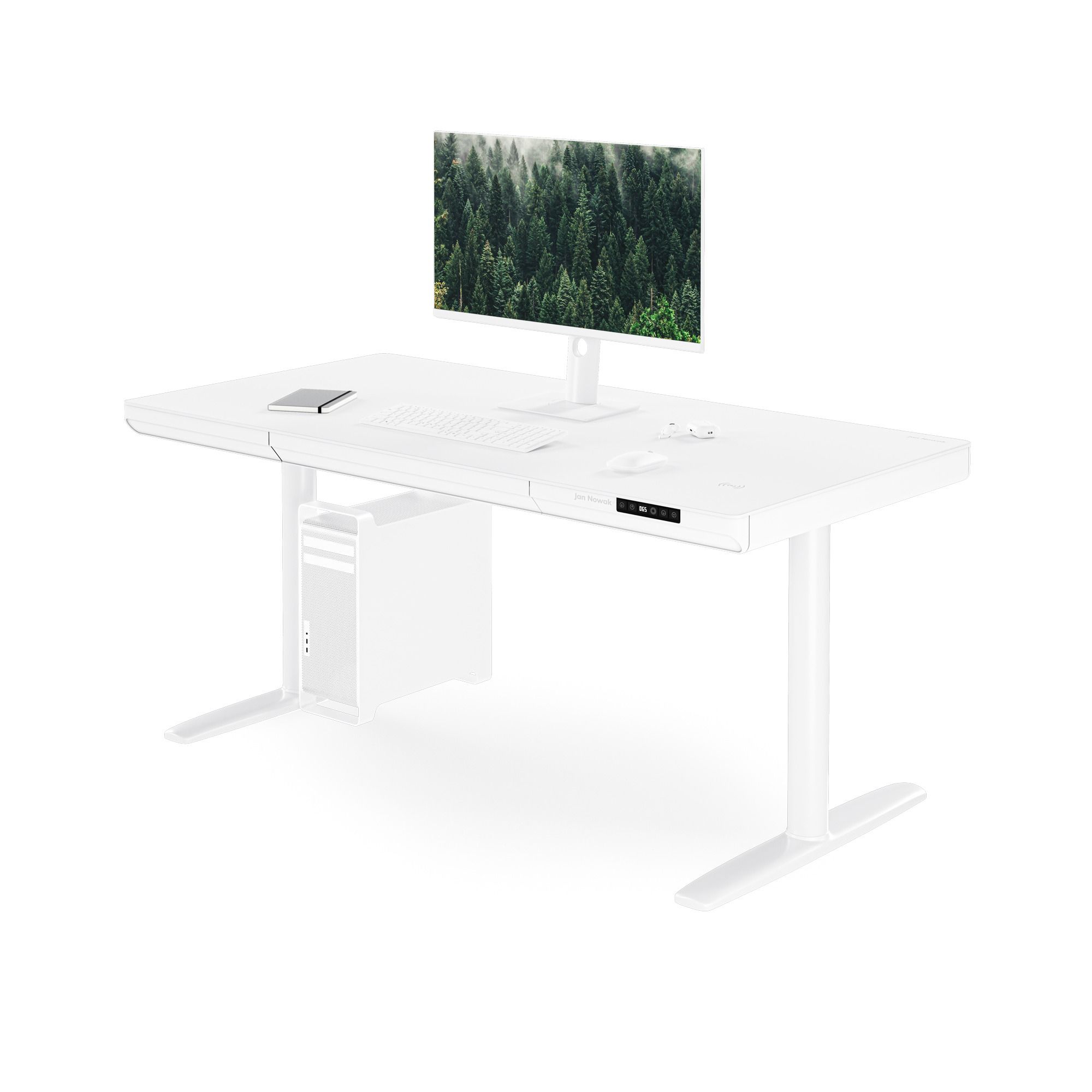 Biurko elektryczne sit-stand z szufladą i ładowarką bezprzewodową Qi białe, 1400 mm: ELLIS