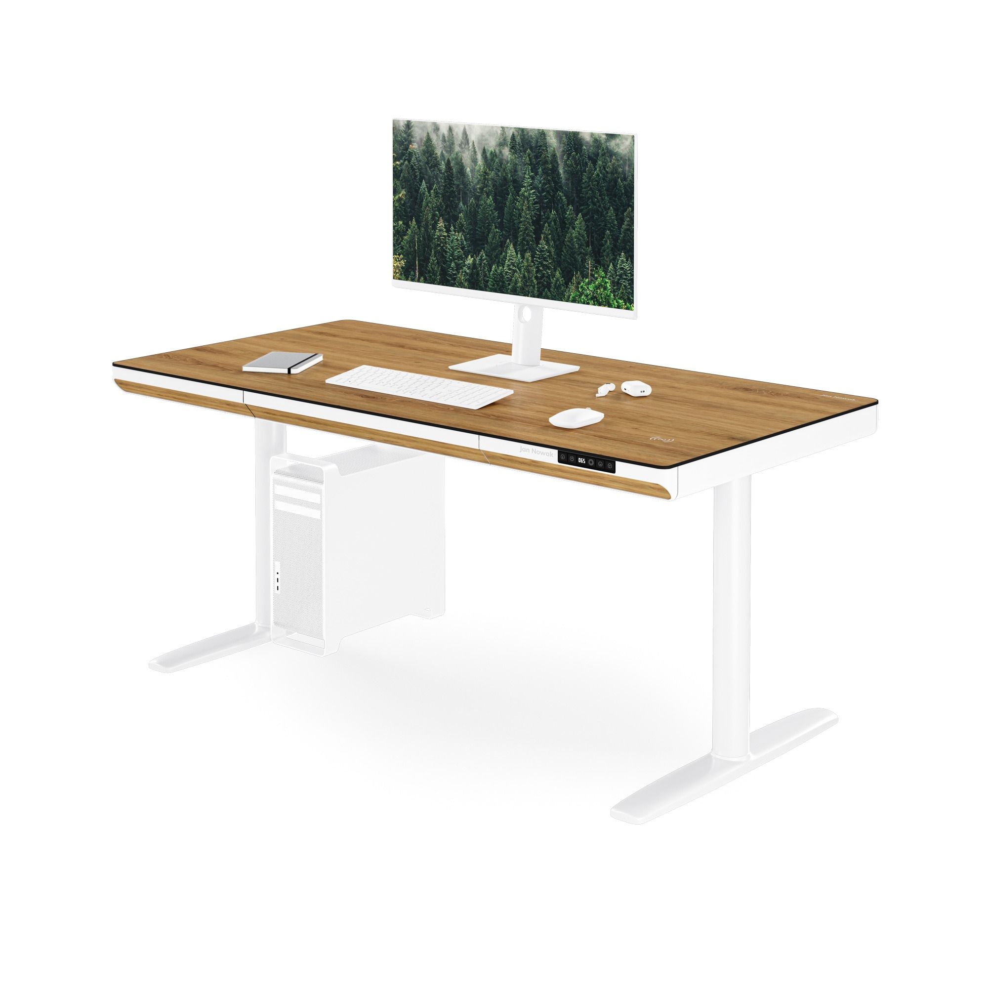 Biurko elektryczne sit-stand z szufladą i ładowarką bezprzewodową Qi białe/złoty dąb, 1400 mm: ELLIS