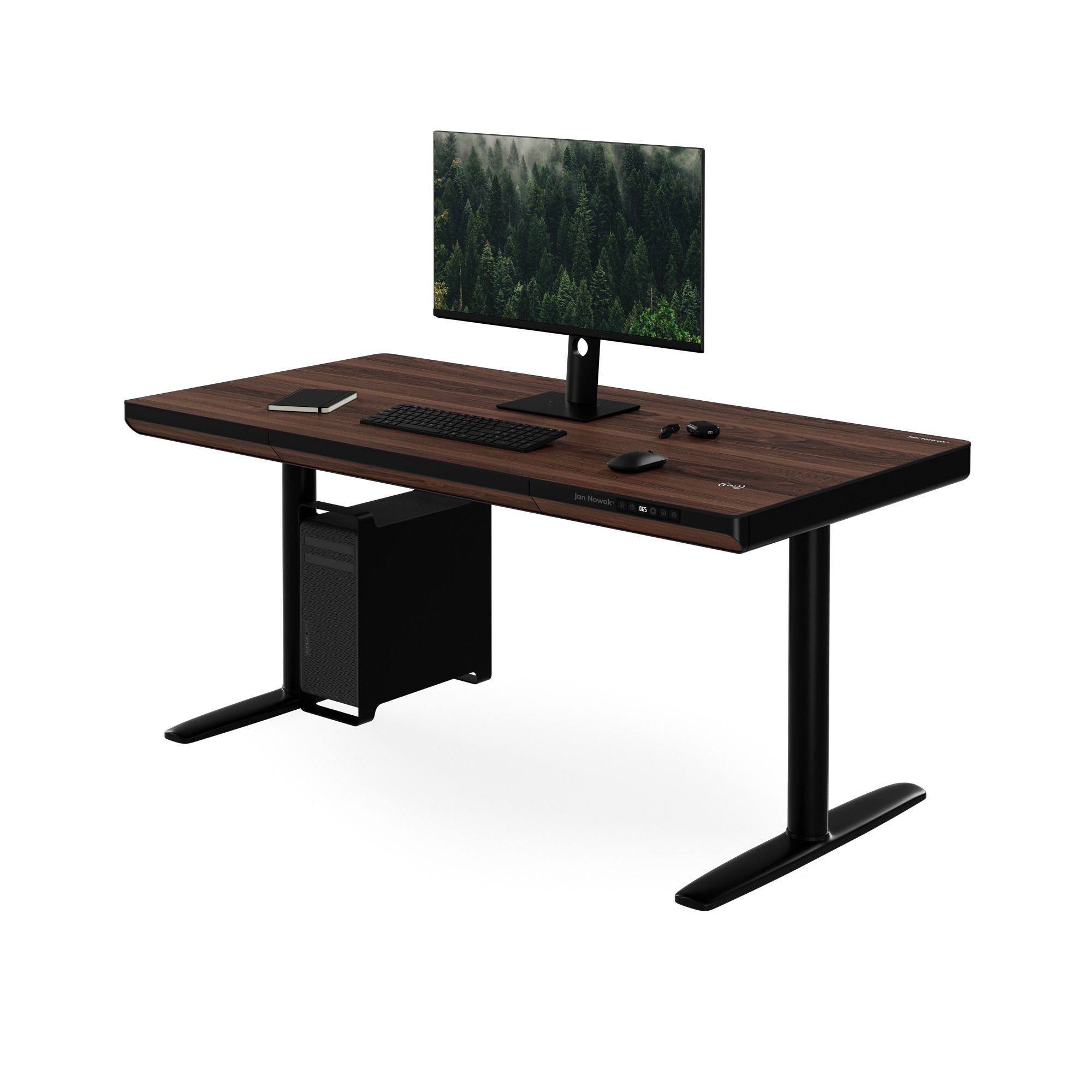 Biurko elektryczne sit-stand z szufladą i ładowarką bezprzewodową Qi czarne/orzech, 1400 mm: ELLIS