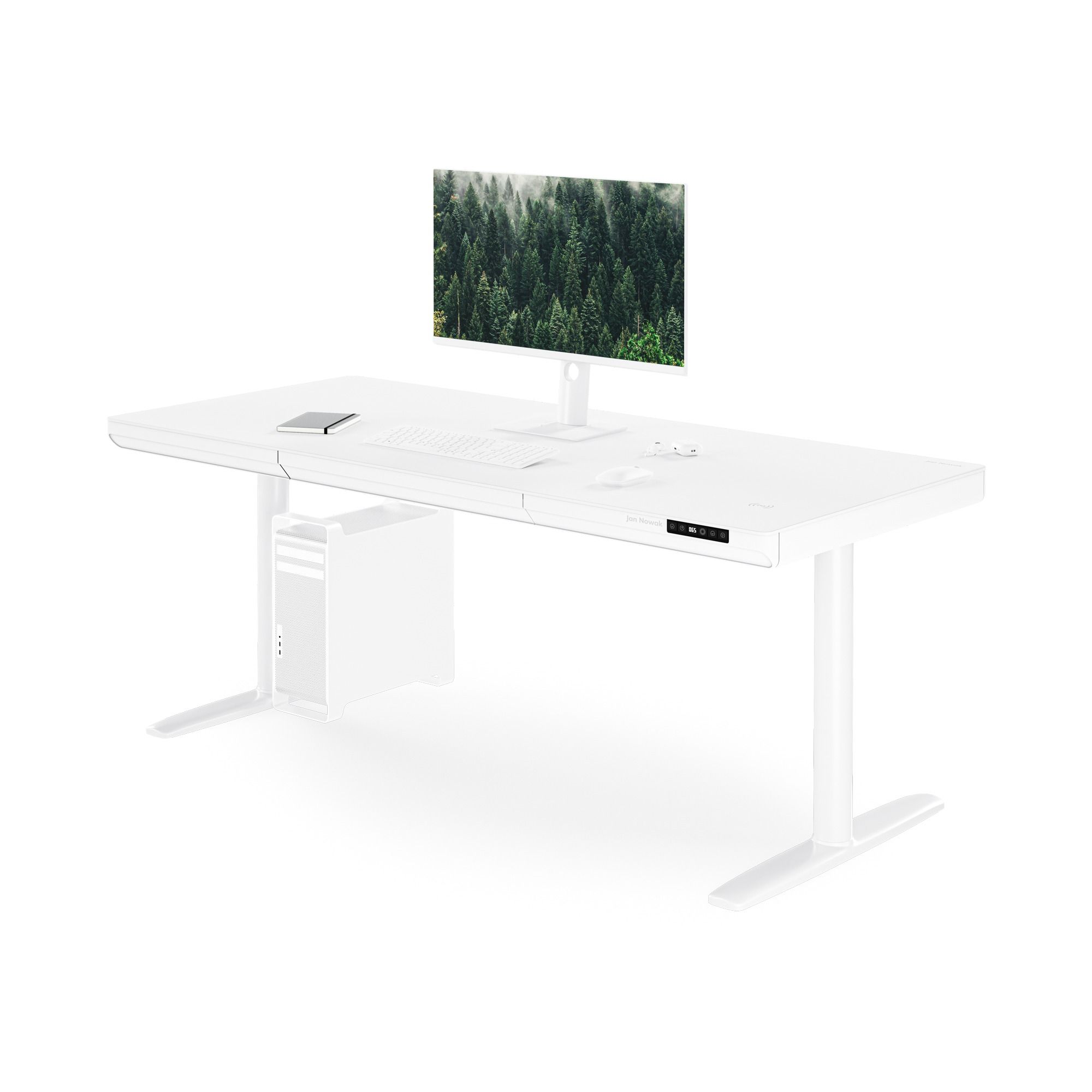 Biurko elektryczne sit-stand z szufladą i ładowarką bezprzewodową Qi białe, 1600 mm: ELLIS