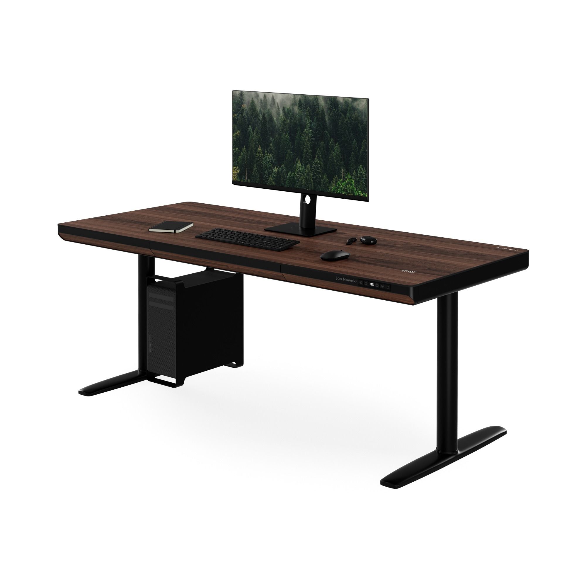 Biurko elektryczne sit-stand z szufladą i ładowarką bezprzewodową Qi czarne/orzech, 1600 mm: ELLIS
