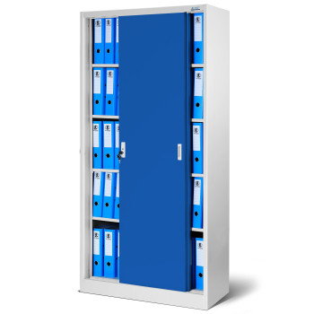 JAN NOWAK model KUBA 900x1850x400 biurowa szafa metalowa z drzwiami przesuwnymi: szaro-niebieska