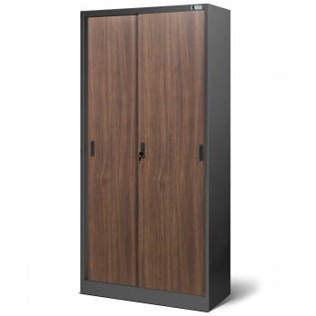 JAN NOWAK Eco Design model KUBA 900x1850x400 biurowa szafa metalowa z drzwiami przesuwnymi: antracytowa/orzech