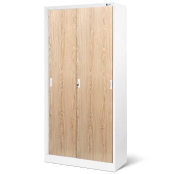 JAN NOWAK Eco Design model KUBA 900x1850x400 biurowa szafa metalowa z drzwiami przesuwnymi: biała/dąb sonoma