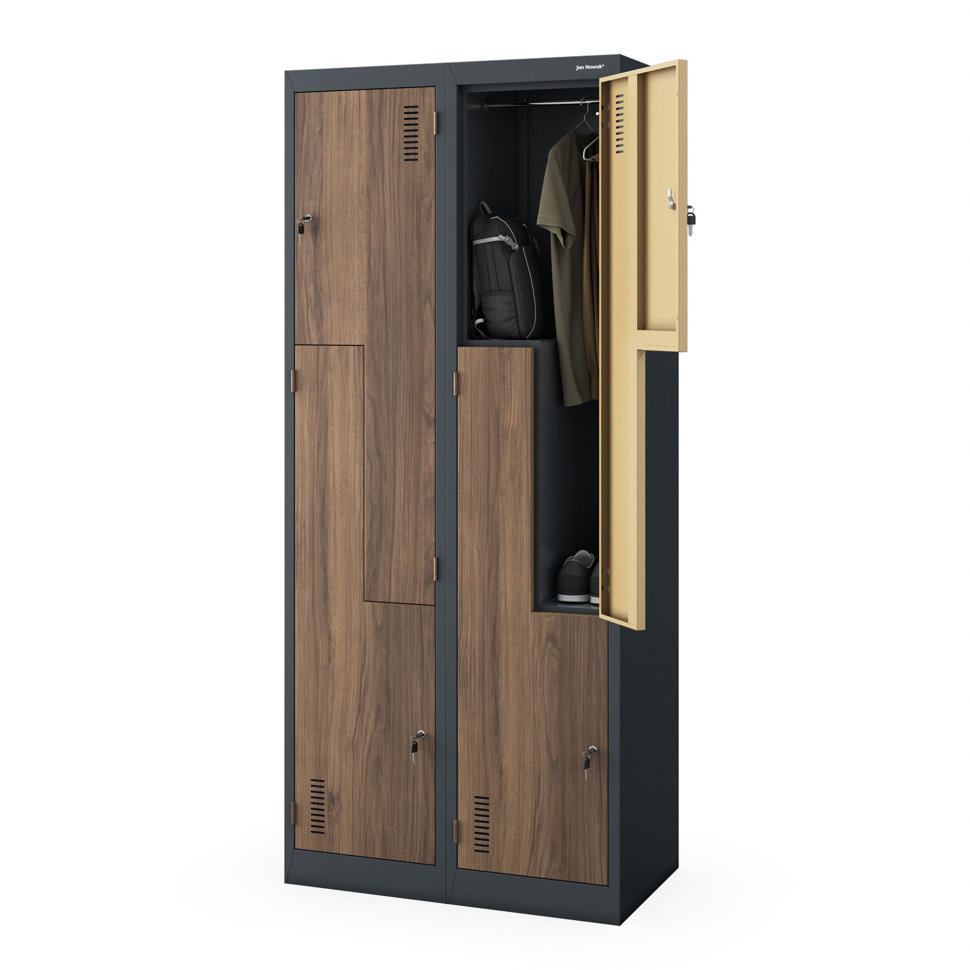 Szafa socjalna ubraniowa typu l, czterokomorowa, antracytowa/orzech, 800x1850x450 mm: JULIA Eco Design