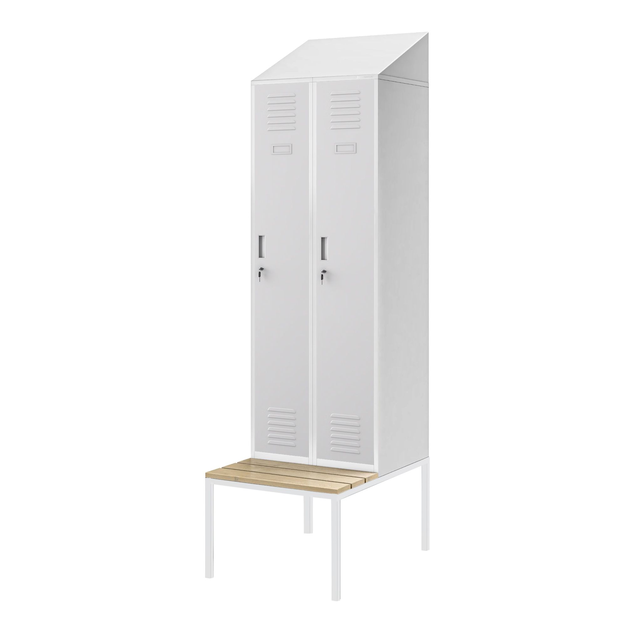 Szafka pracownicza ubraniowa wąska z ławką i daszkiem szara, 600x2295x850 mm: KACPER II PRO