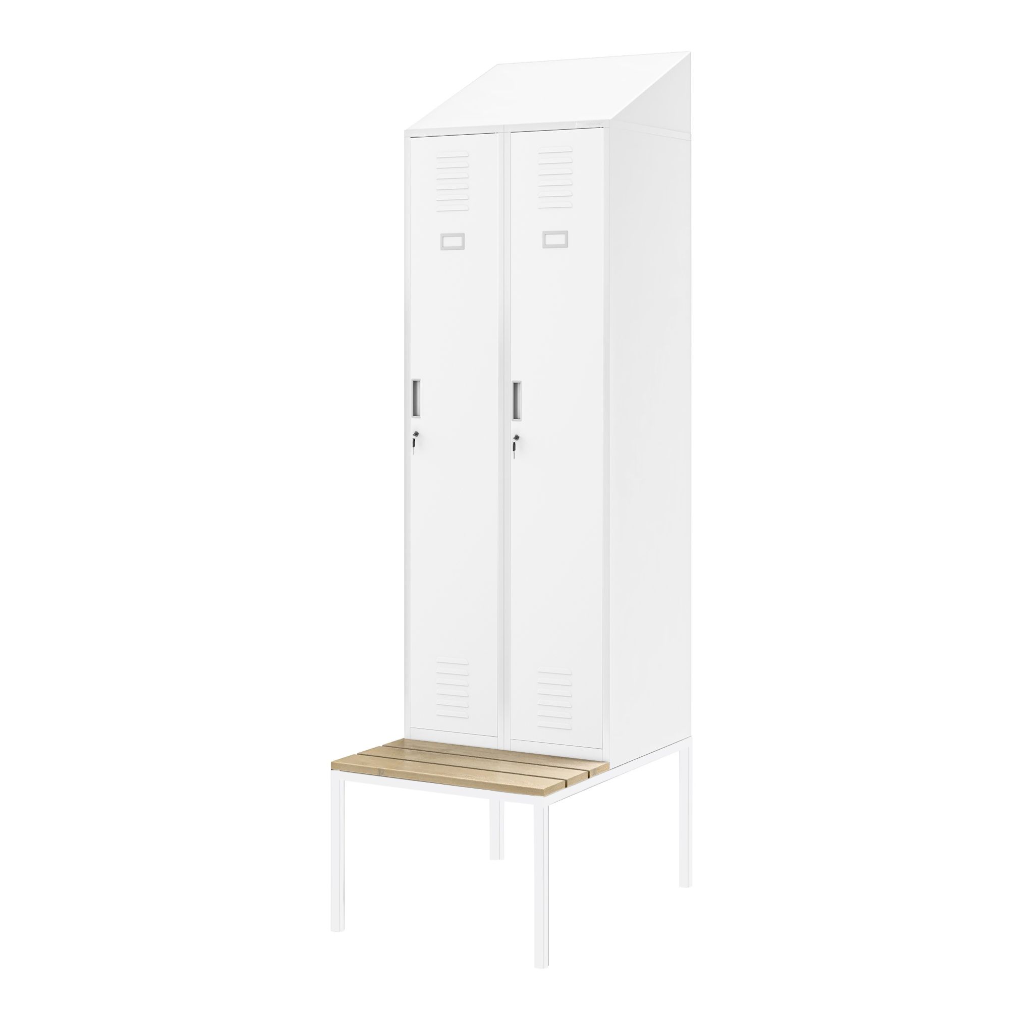 Szafka pracownicza ubraniowa wąska z ławką i daszkiem biała, 600x2295x850 mm: KACPER II PRO