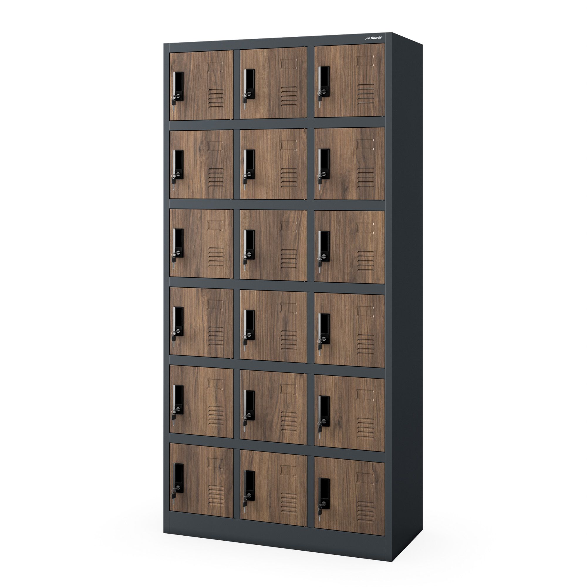 Szafka pracownicza skrytkowa 18-skrytkowa antracytowa/orzech, 900x1850x400 mm: KAROL Eco Design