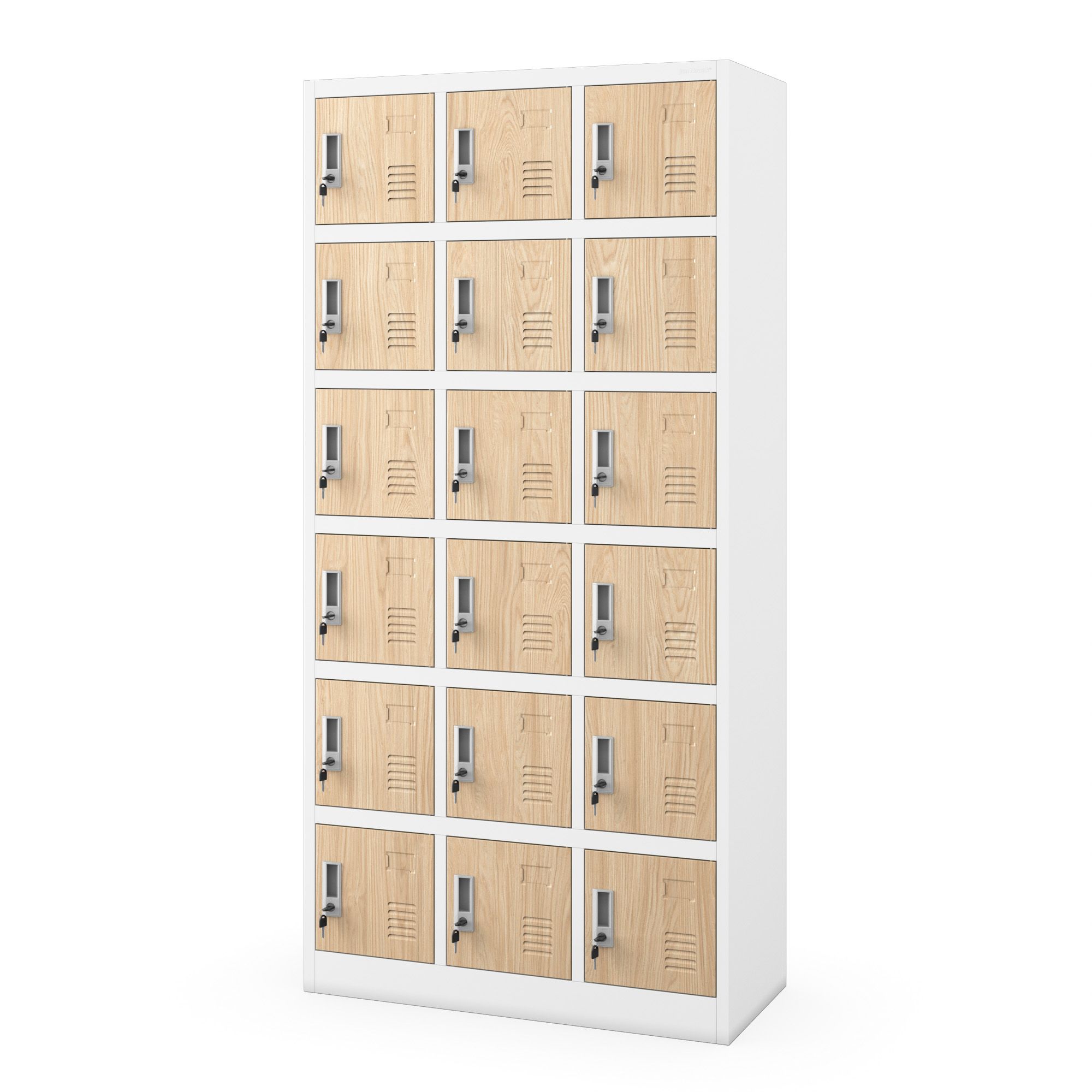 Szafka pracownicza skrytkowa 18-skrytkowa biała/dąb sonoma, 900x1850x400 mm: KAROL Eco Design