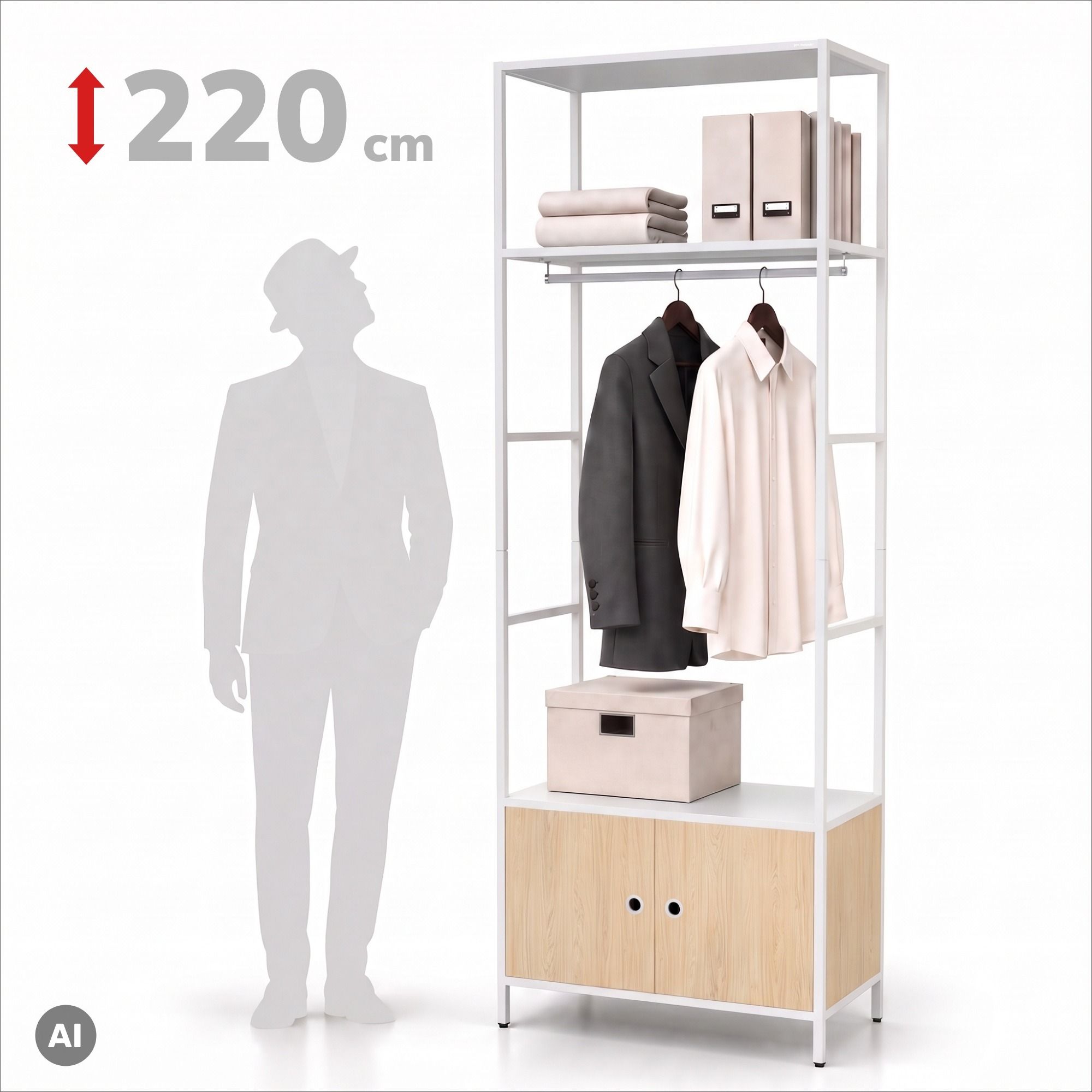 Regał biurowy otwarty z drążkiem na ubrania, do recepcji i poczekalni, metalowy, biały/dąb sonoma, 800x2200x400 mm: ARIEL Eco Design