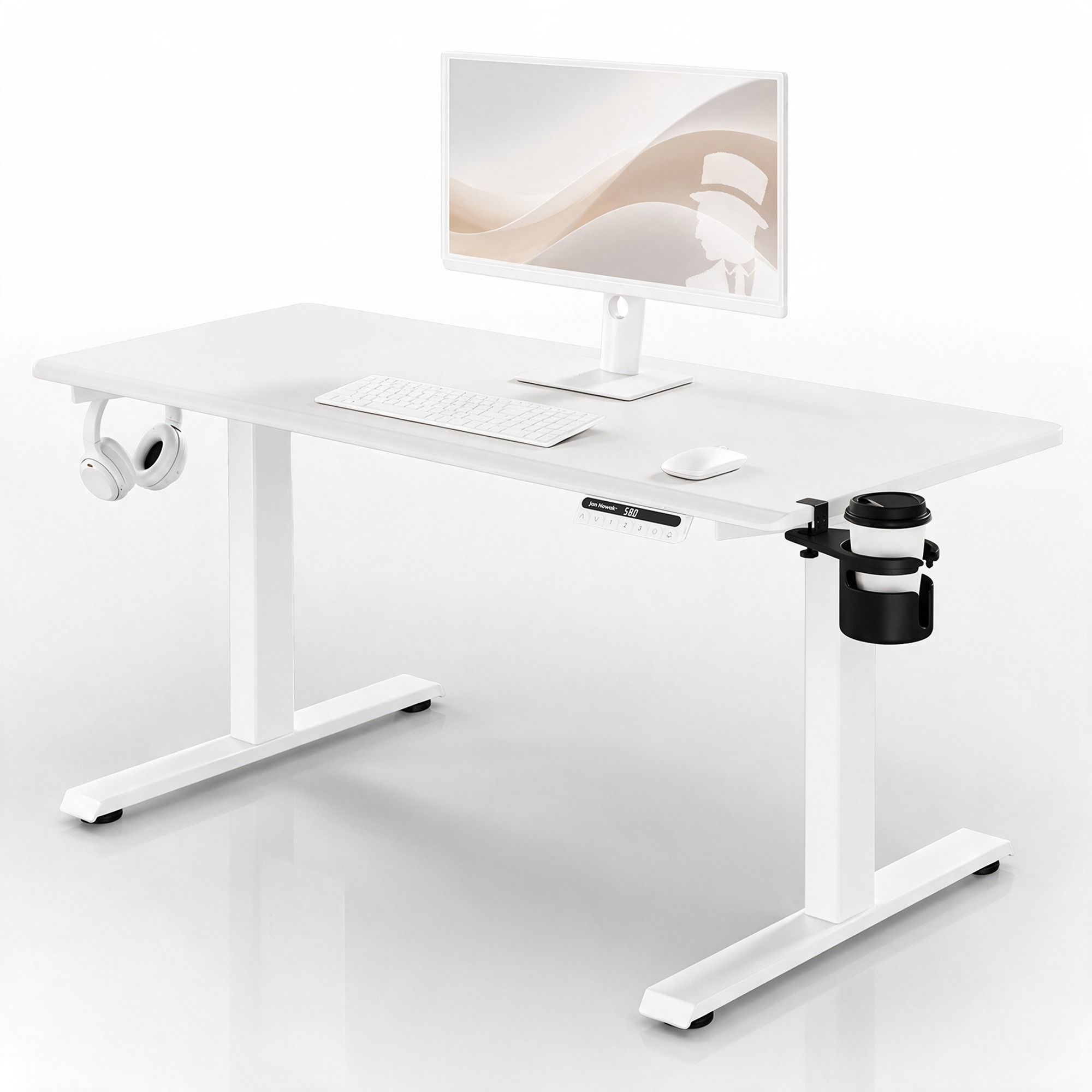 Biurko elektryczne z regulacją wysokości ergonomiczne białe: 140x70 cm: ARIA