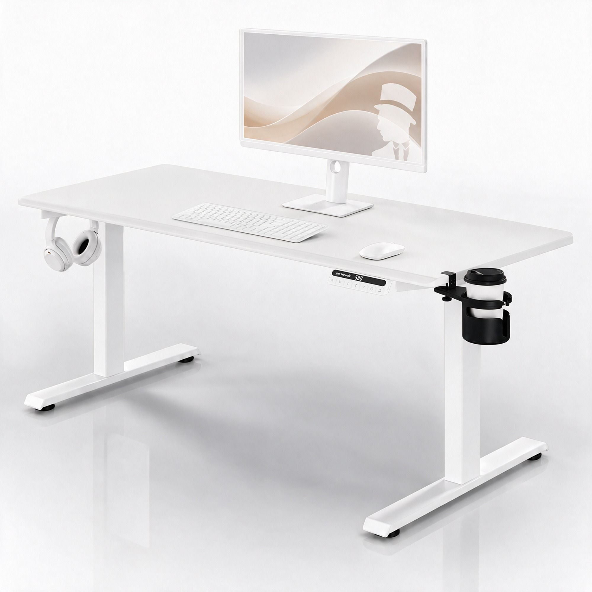 Biurko elektryczne z regulacją wysokości ergonomiczne białe: 160x80 cm: ARIA