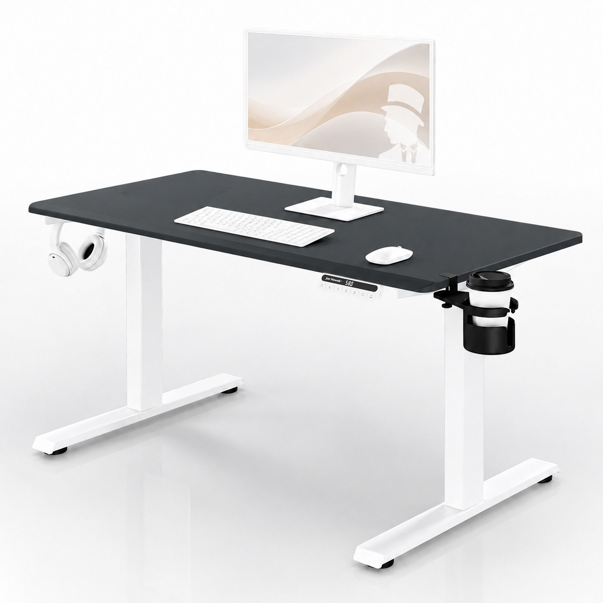 Biurko elektryczne z regulacją wysokości ergonomiczne biało-antracytowe: 120x60 cm: ARIA