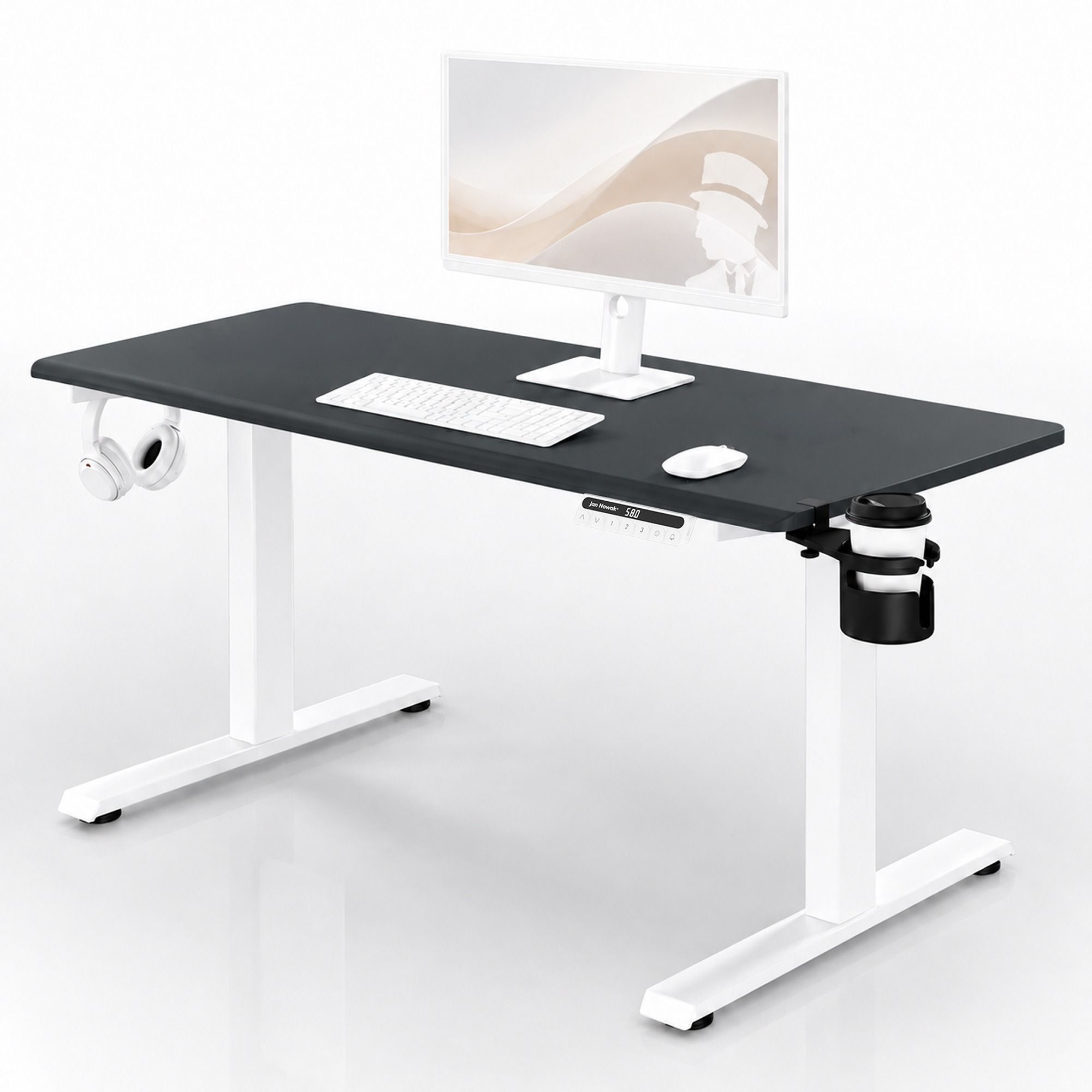 Biurko elektryczne z regulacją wysokości ergonomiczne biało-antracytowe: 140x70 cm: ARIA