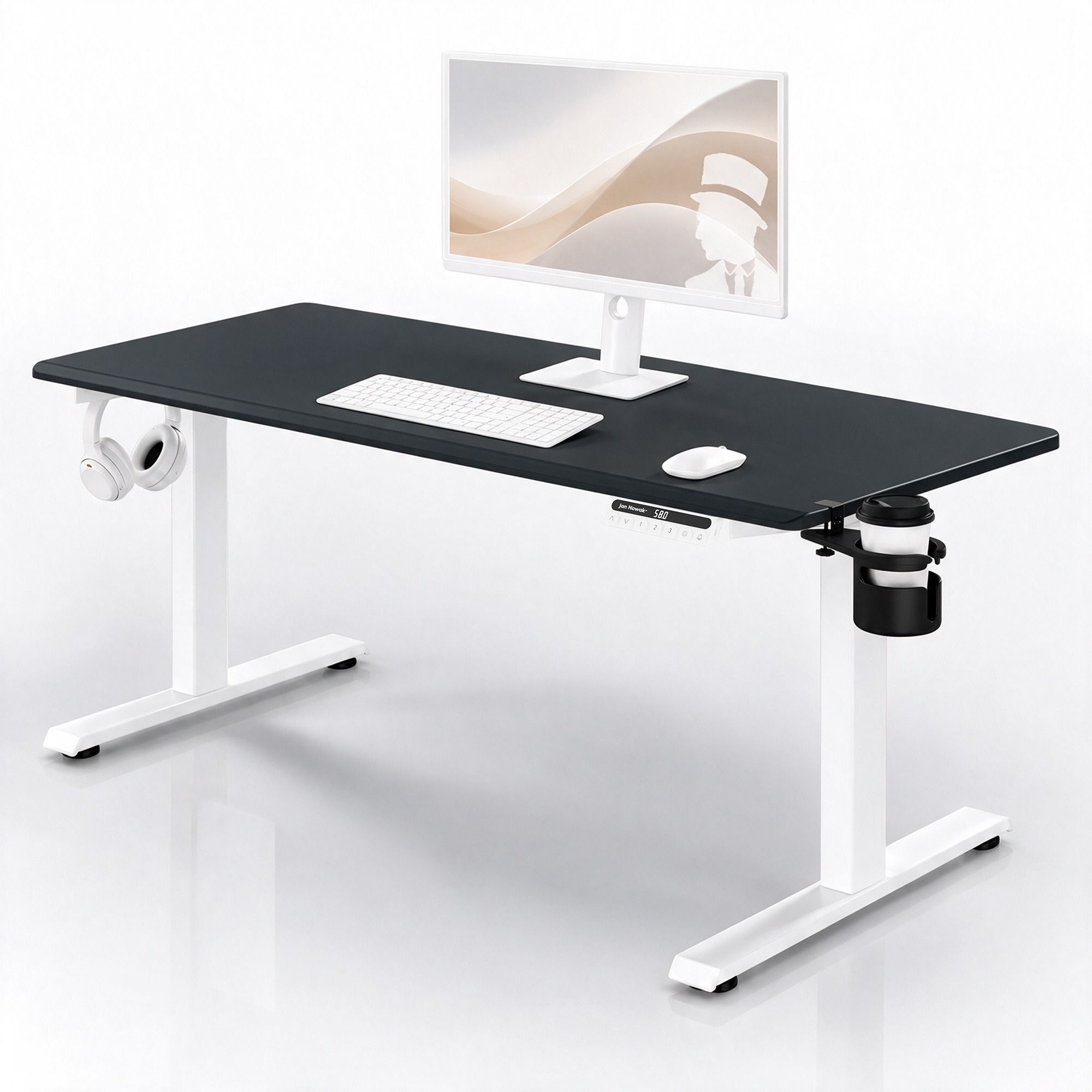 Biurko elektryczne z regulacją wysokości ergonomiczne biało-antracytowe: 160x80 cm: ARIA