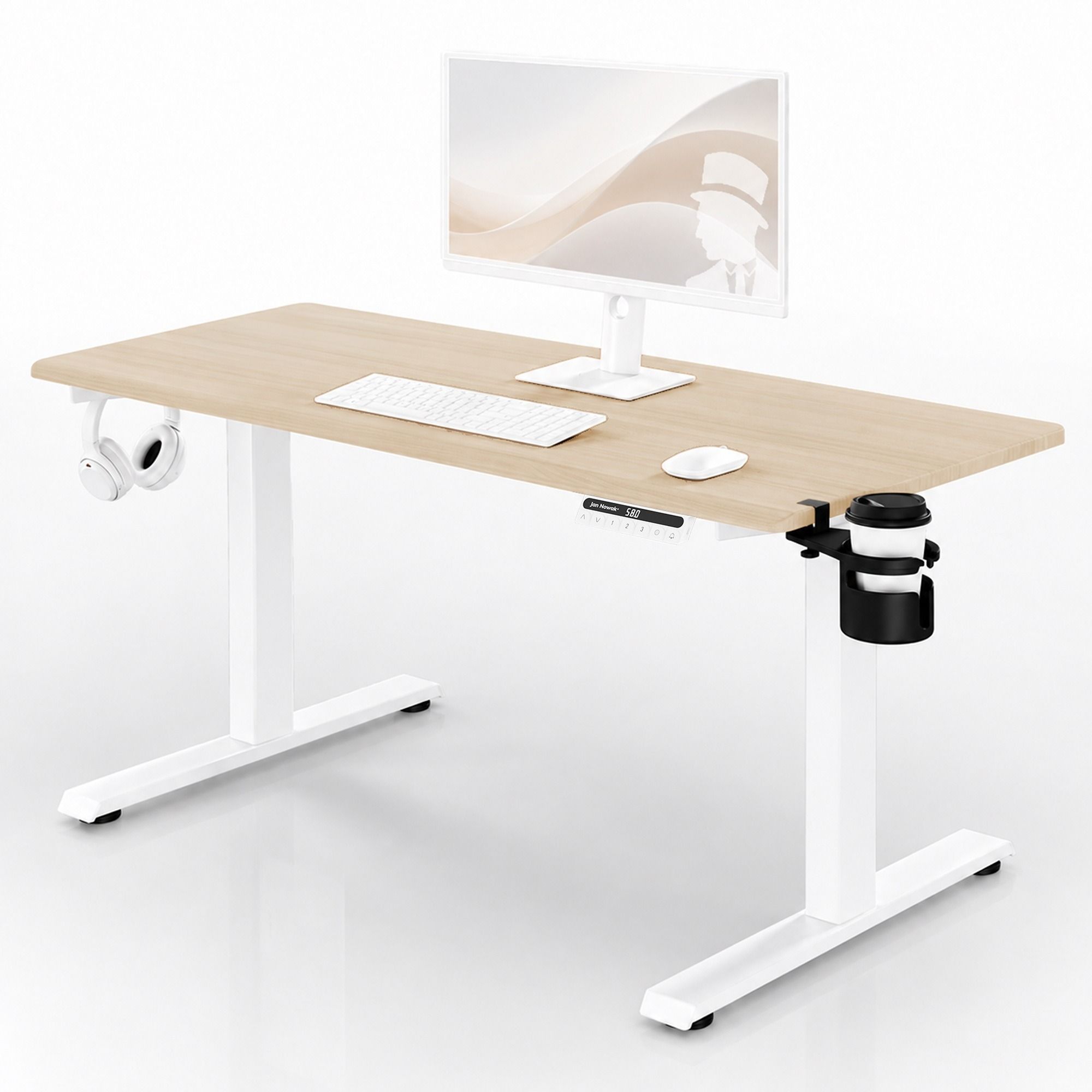Biurko elektryczne z regulacją wysokości ergonomiczne białe/dąb sonoma: 140x70 cm: ARIA