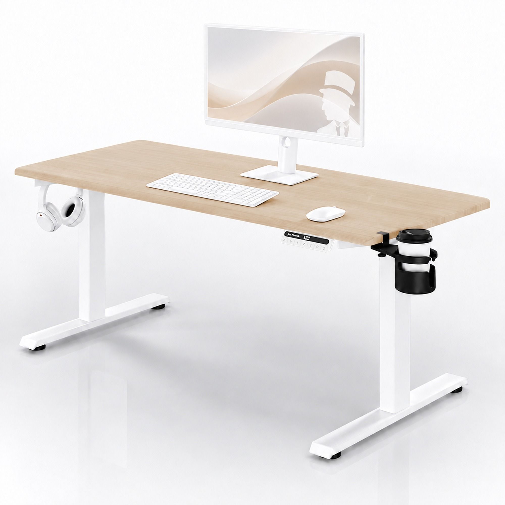 Biurko elektryczne z regulacją wysokości ergonomiczne białe/dąb sonoma: 160x80 cm: ARIA
