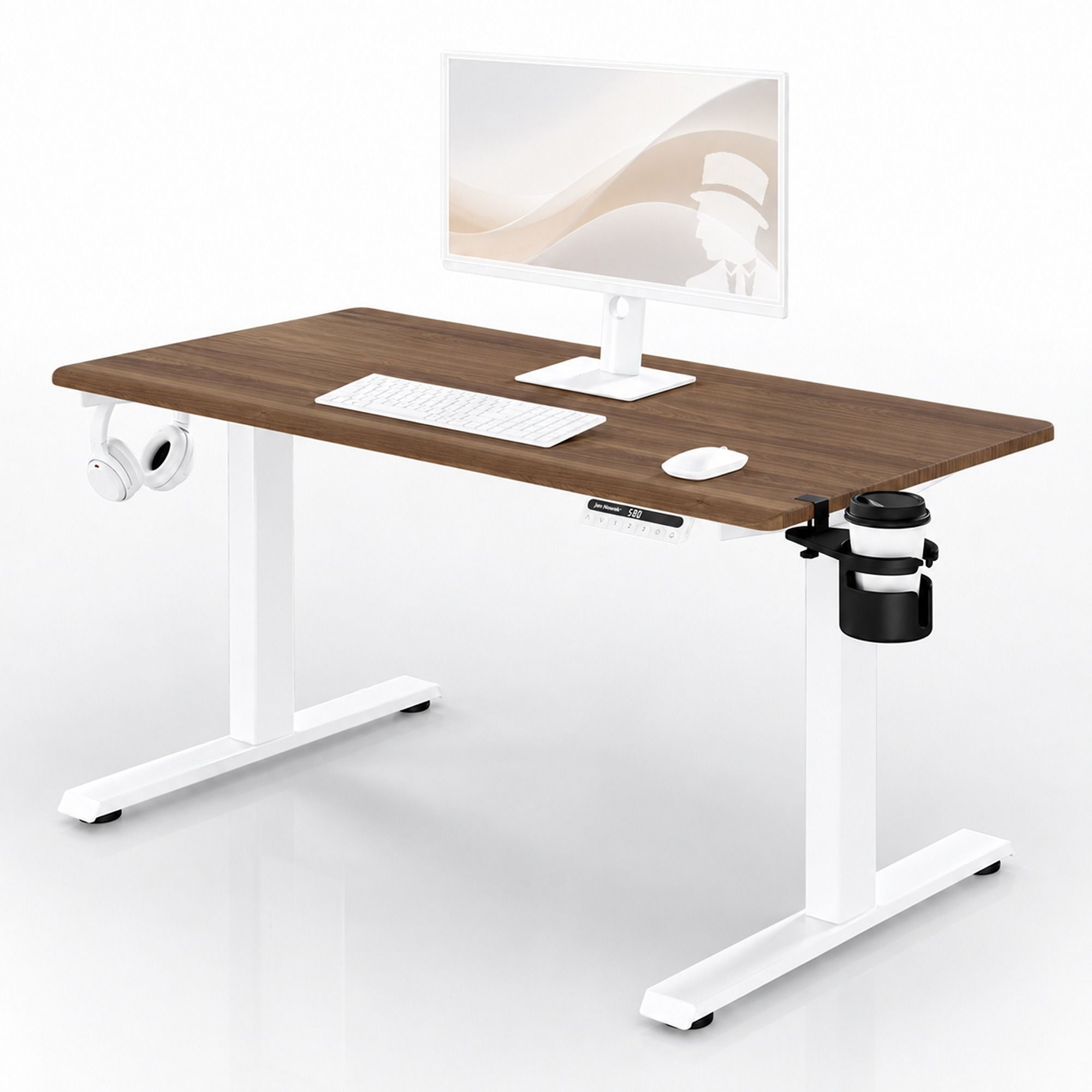 Biurko elektryczne z regulacją wysokości ergonomiczne białe/orzech: 120x60 cm: ARIA