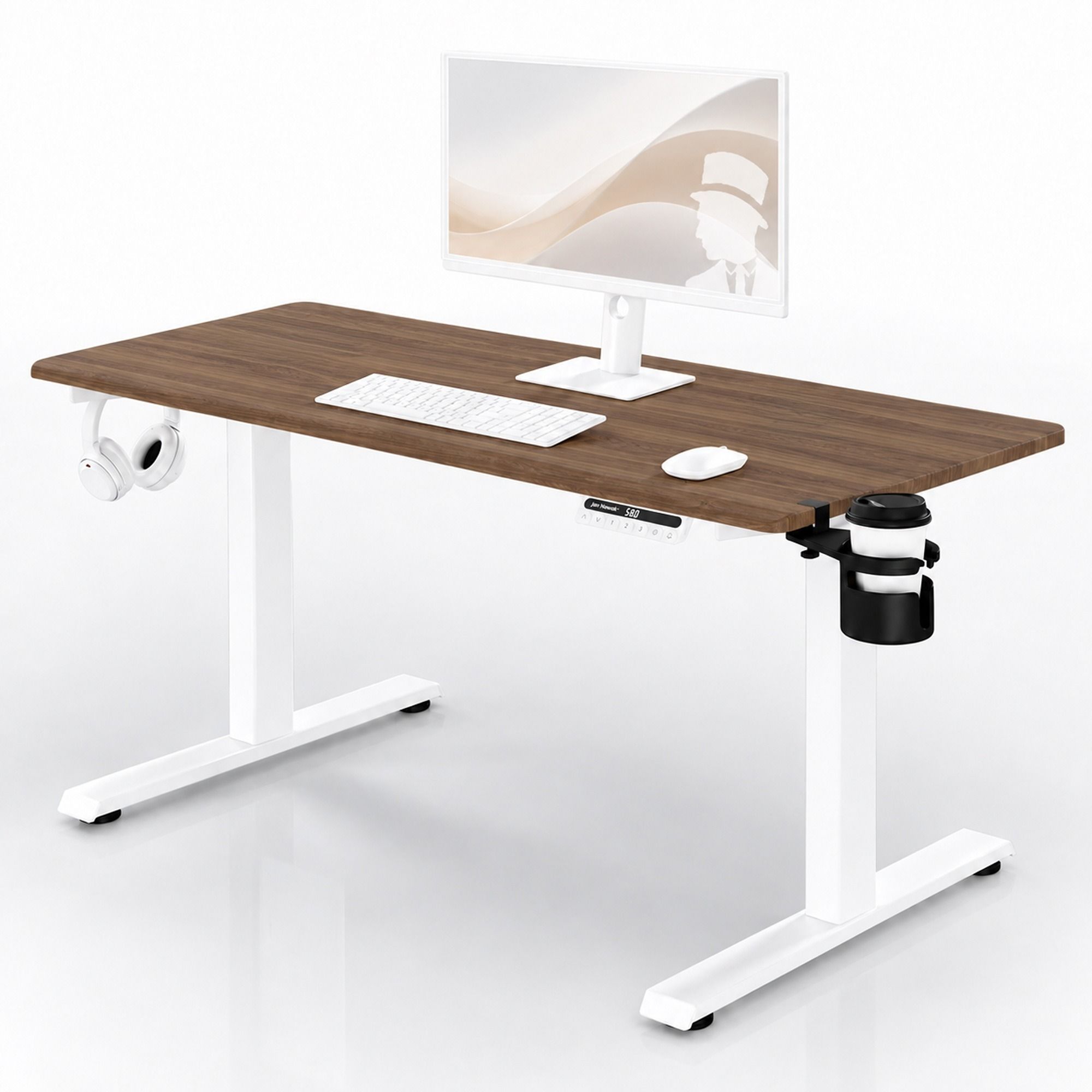 Biurko elektryczne z regulacją wysokości ergonomiczne białe/orzech: 140x70 cm: ARIA
