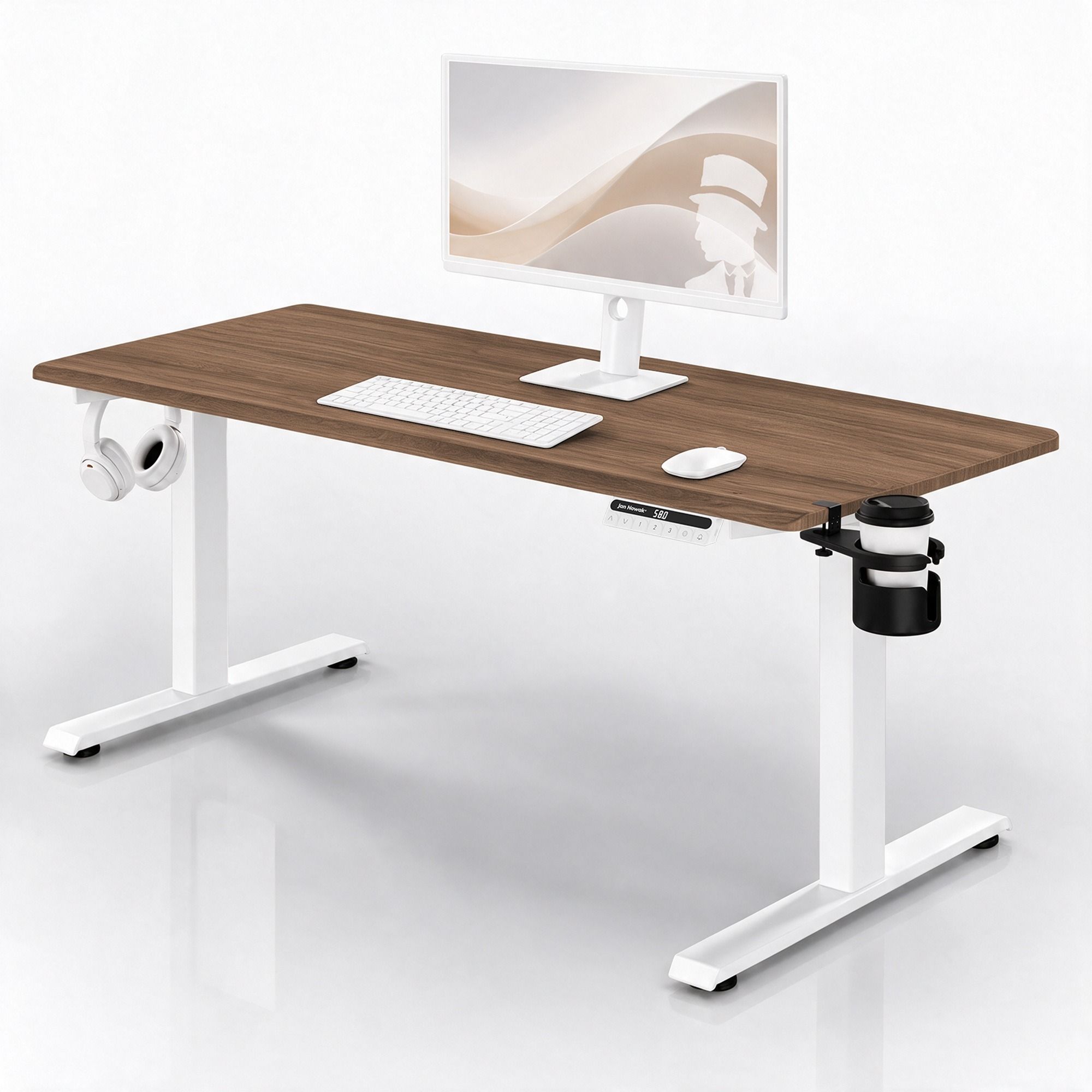 Biurko elektryczne z regulacją wysokości ergonomiczne białe/orzech: 160x80 cm: ARIA
