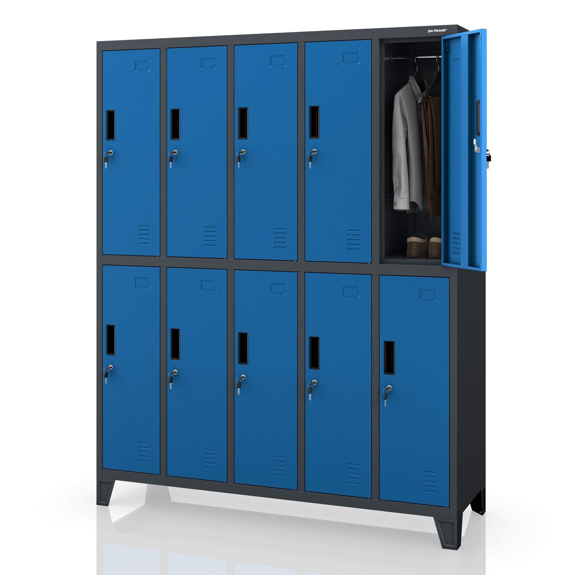 Szafa socjalna BHP ubraniowa 10-drzwiowa antracytowo-niebieska: BARTEK 1360 x 1720 x 450 mm